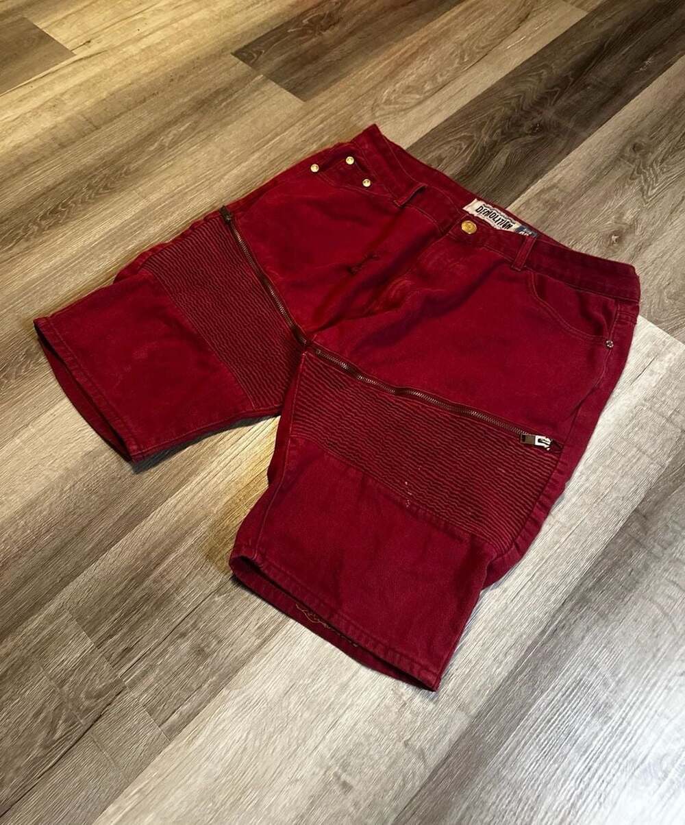 Demolition Premium Production Denim Red Biker Moto Shorts with Zipper Accents an